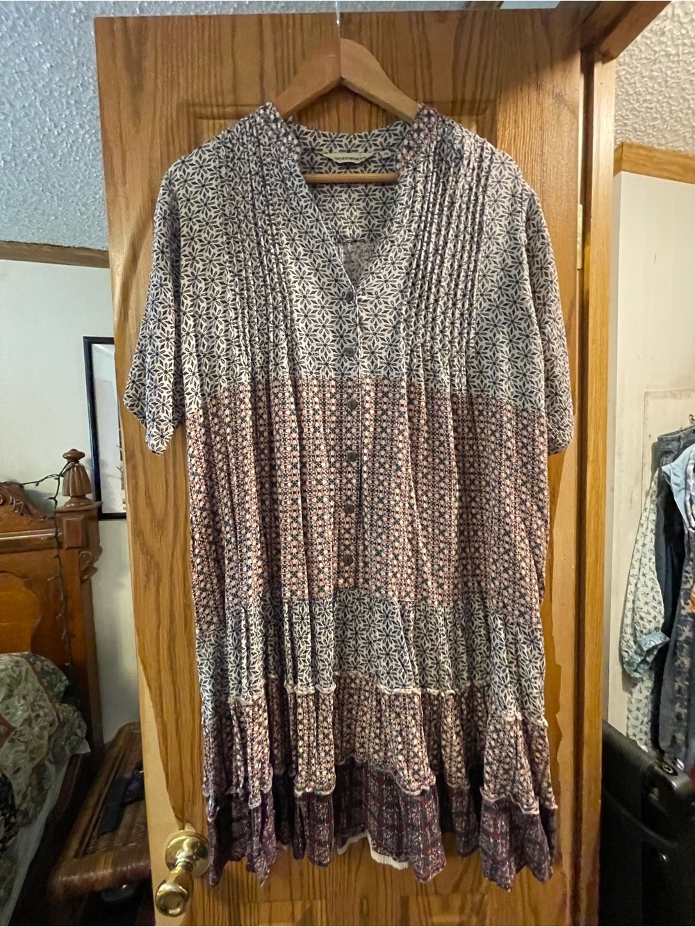 Boho Tiered Midi Dress in Mixed Neutral Print